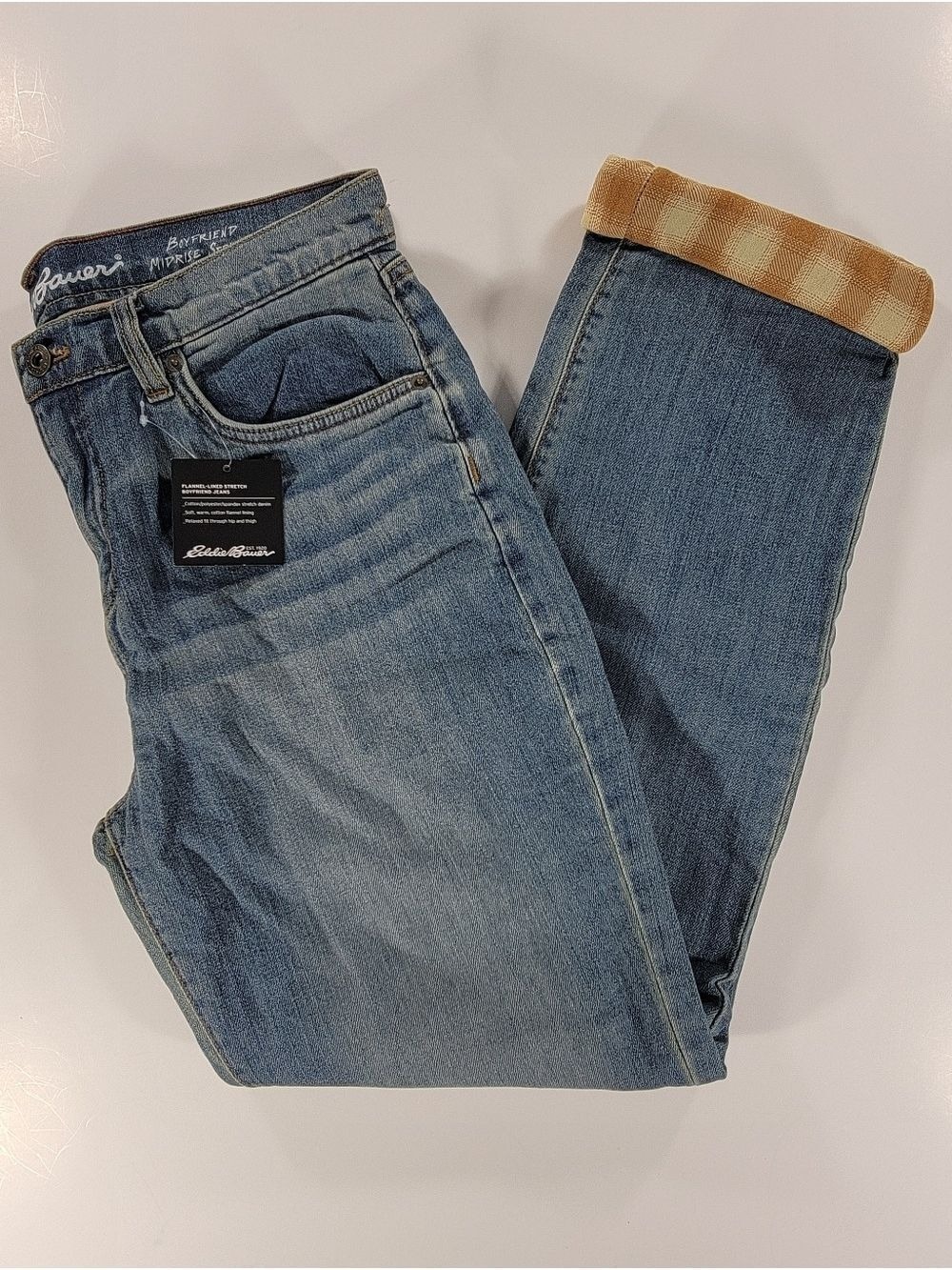 NEW EDDIE BAUER Flannel-Lined Boyfriend Jeans Women's 8 Blue Stretch Denim NWT
